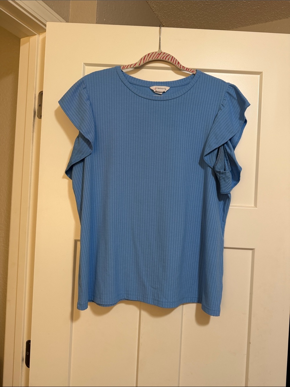 Liz Claiborne Light Blue Ribbed Ruffle Sleeve Top